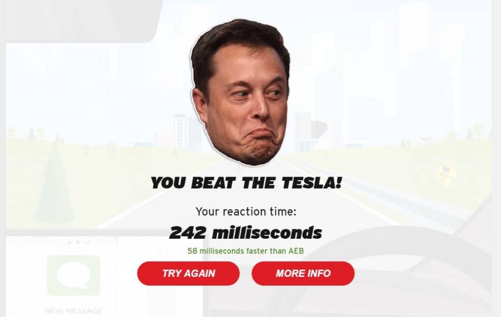 Tesla jeu temps de réaction AEB