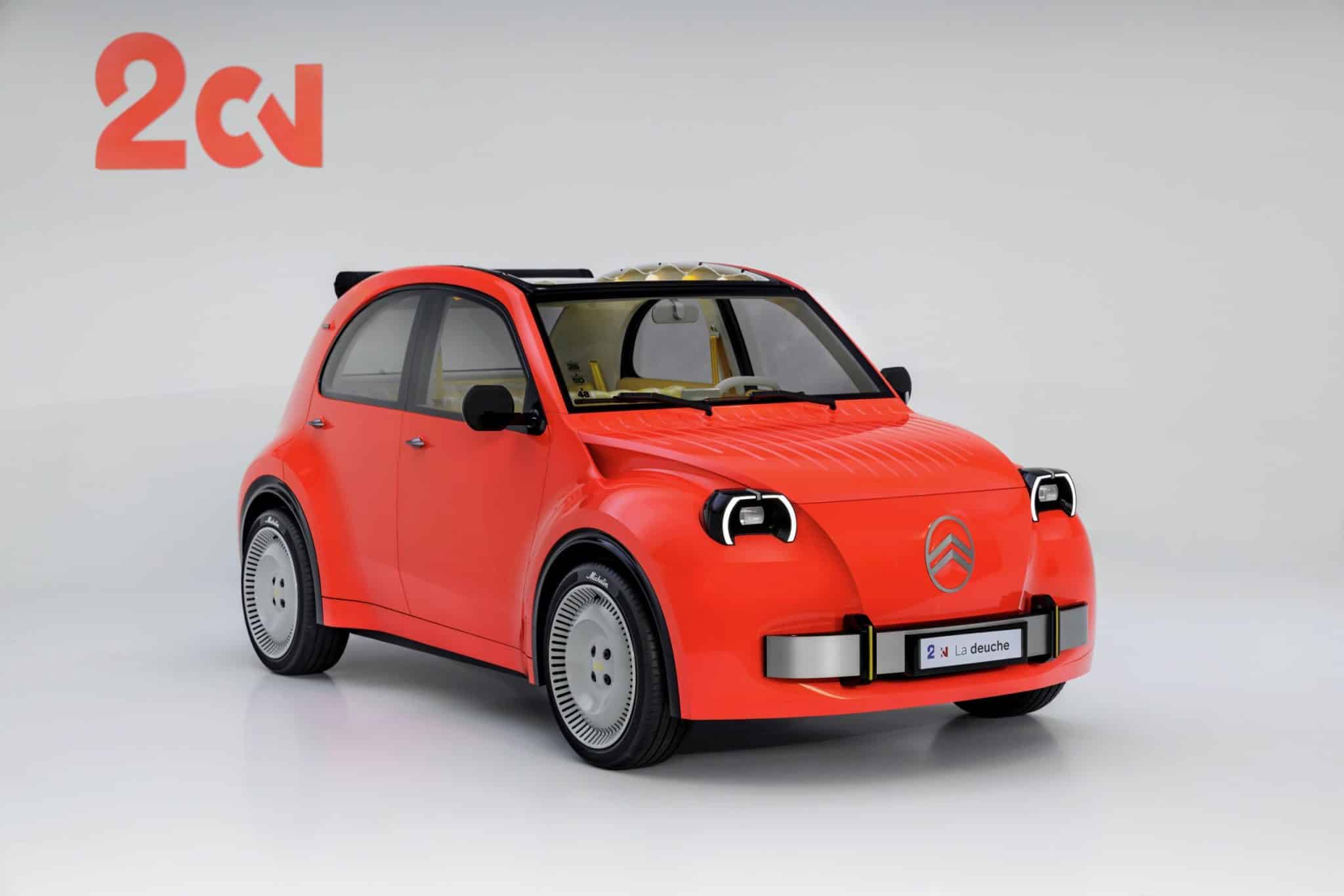 Citroën 2 CV Concept électrique jaune présentée sur le stand au Mondial de Paris 2026.